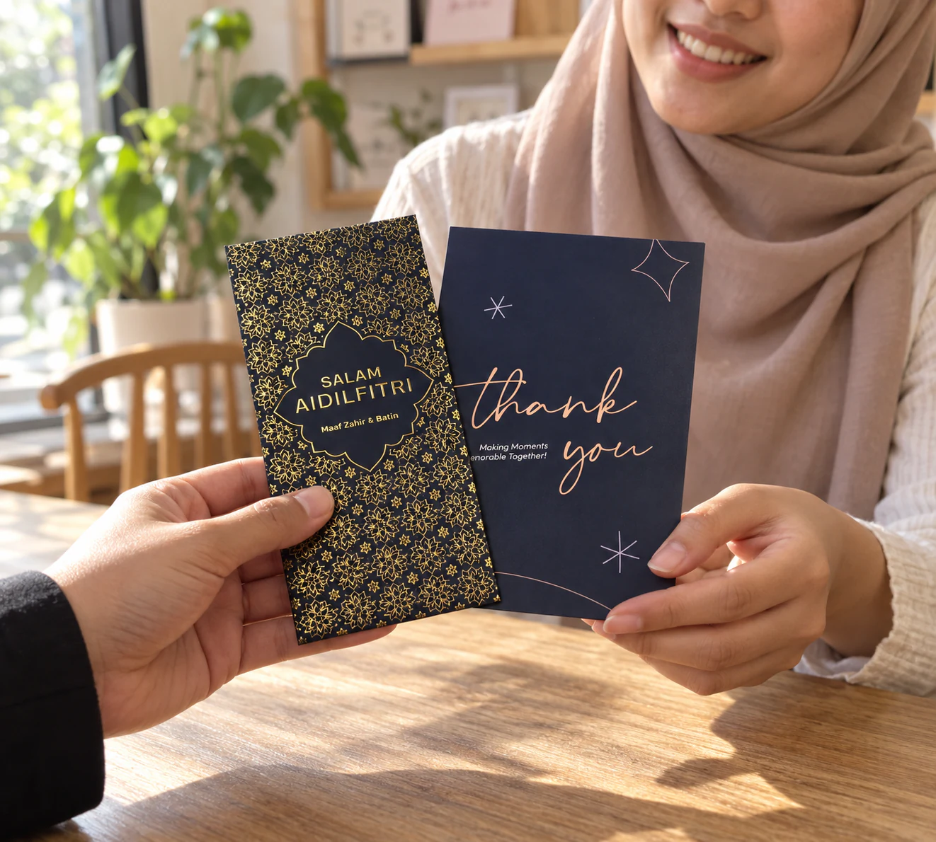 A customer receiving a Gifthxs money packet with both hands