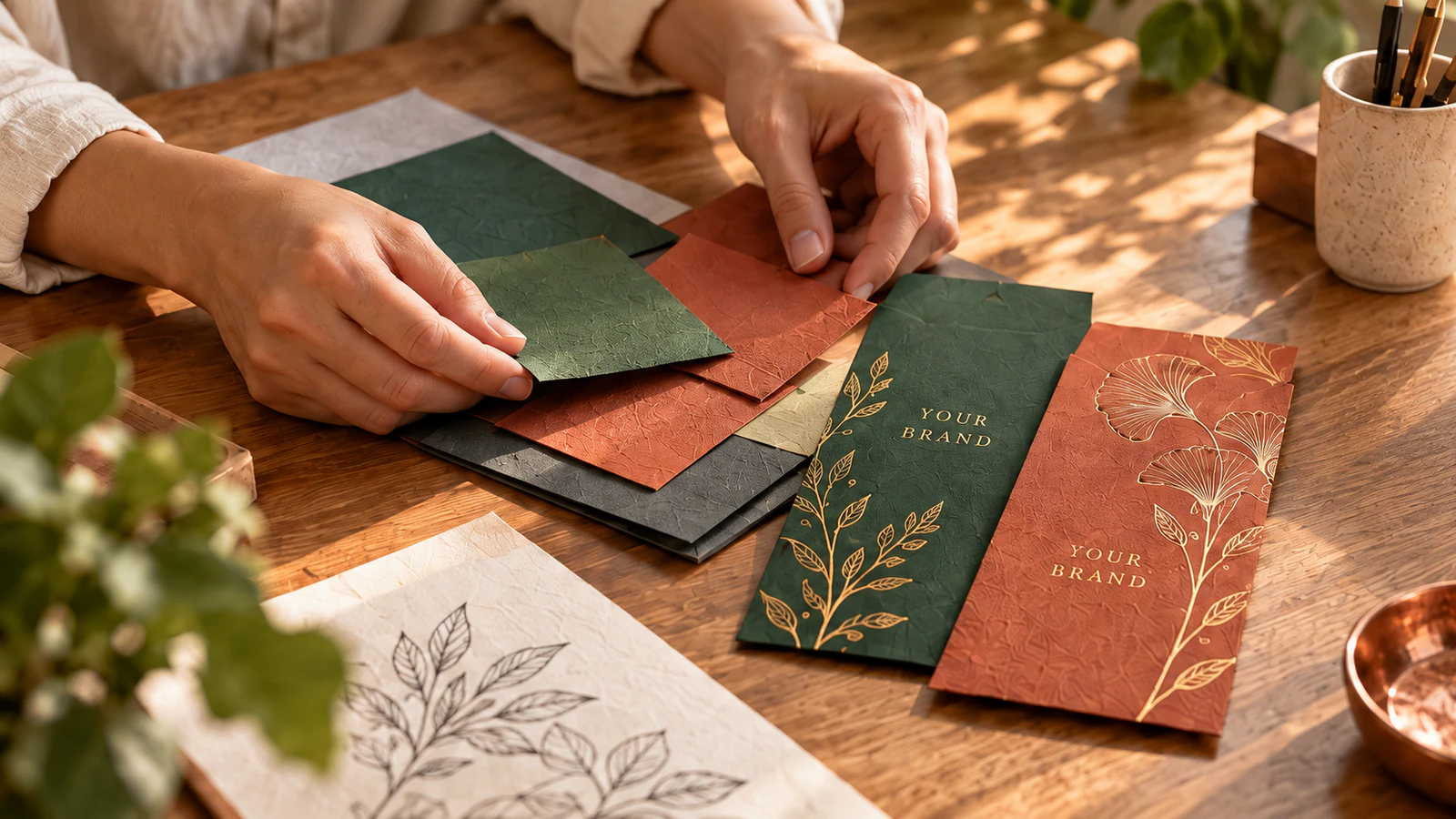 Hands selecting coloured papers beside botanical printed packets