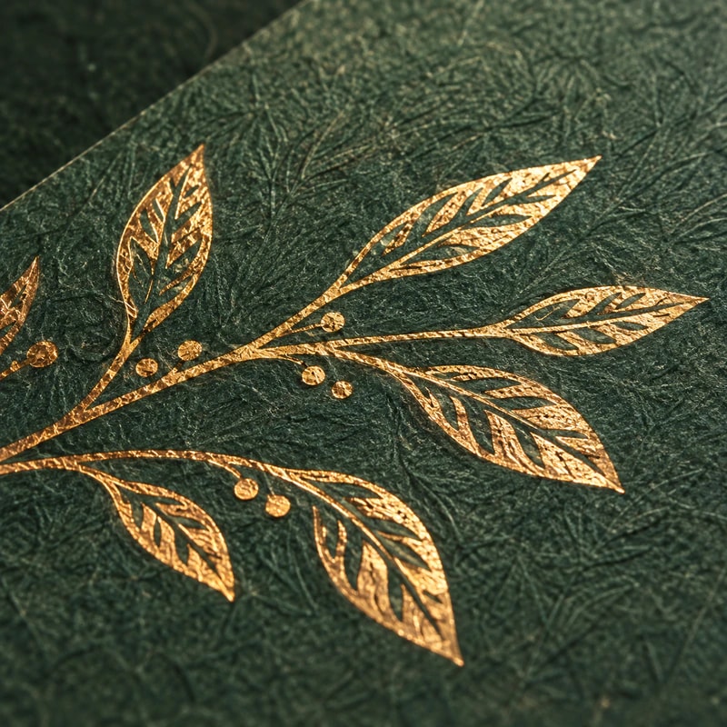 Gold botanical foil pressed into textured green paper