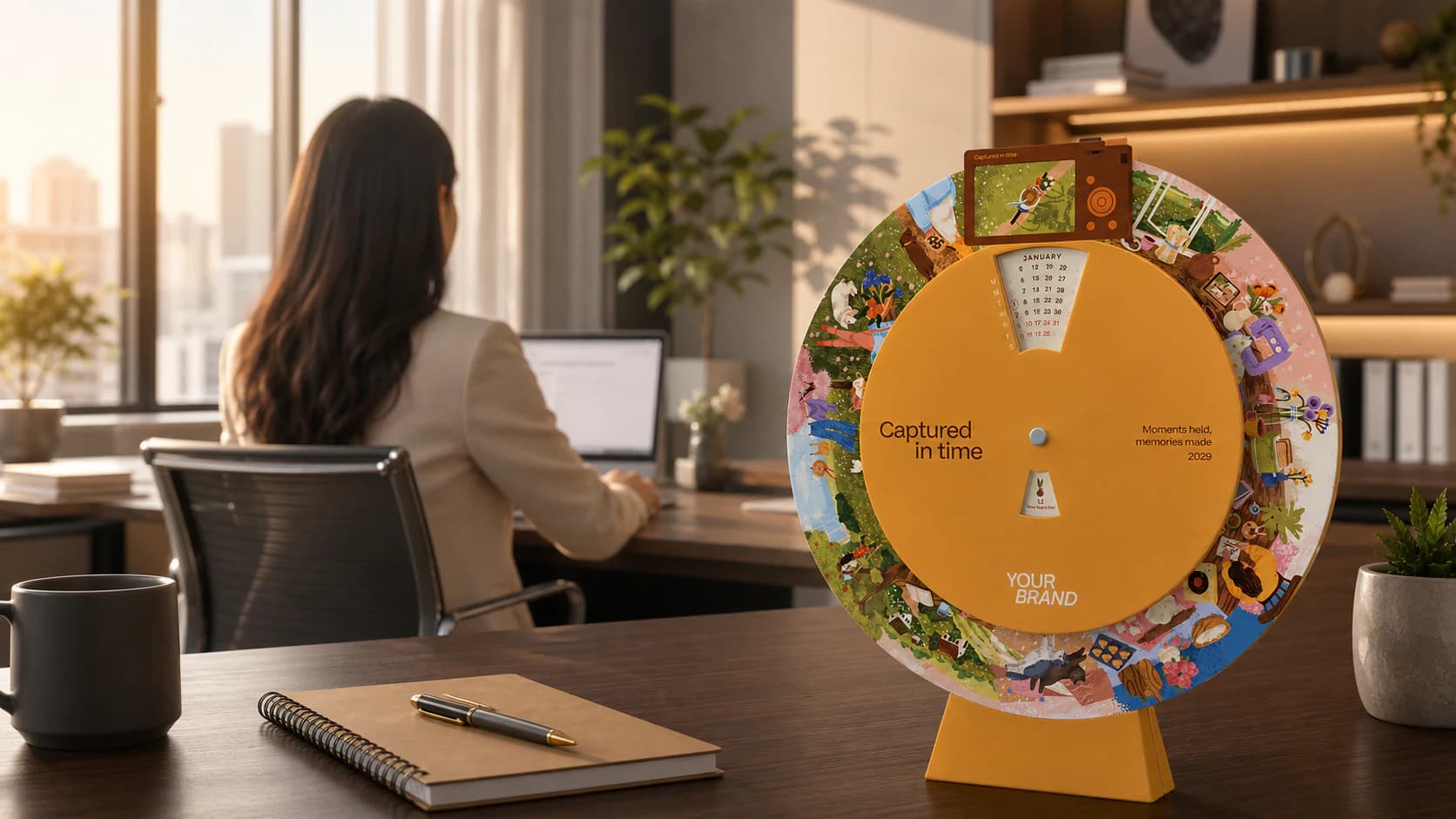 A corporate table calendar standing on an office desk