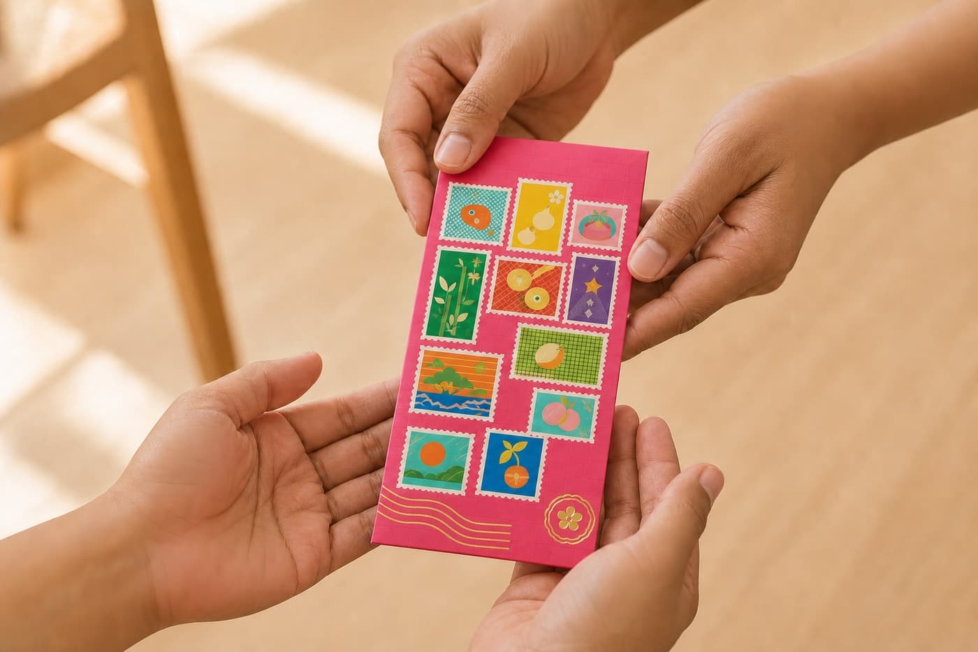A Gifthxs money packet being handed from one pair of hands to another