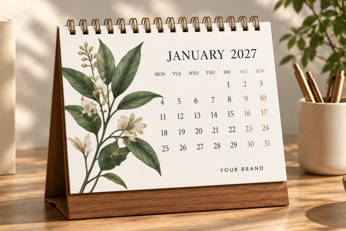 A botanical January 2027 desk calendar on a pale desk beside books and brushes