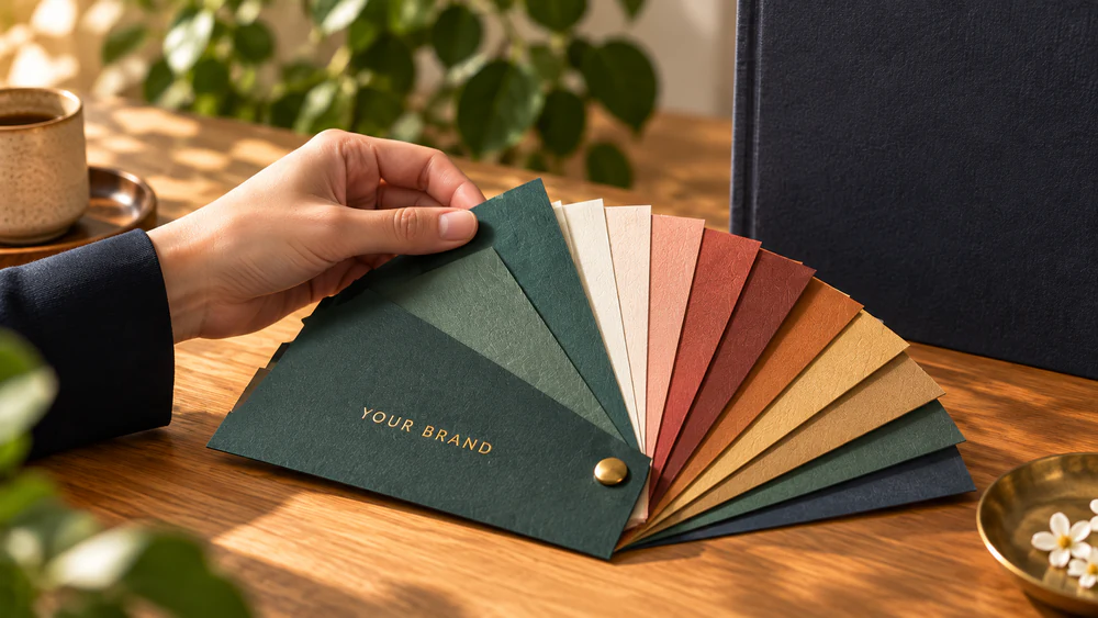 A hand fanning out paper colour swatches