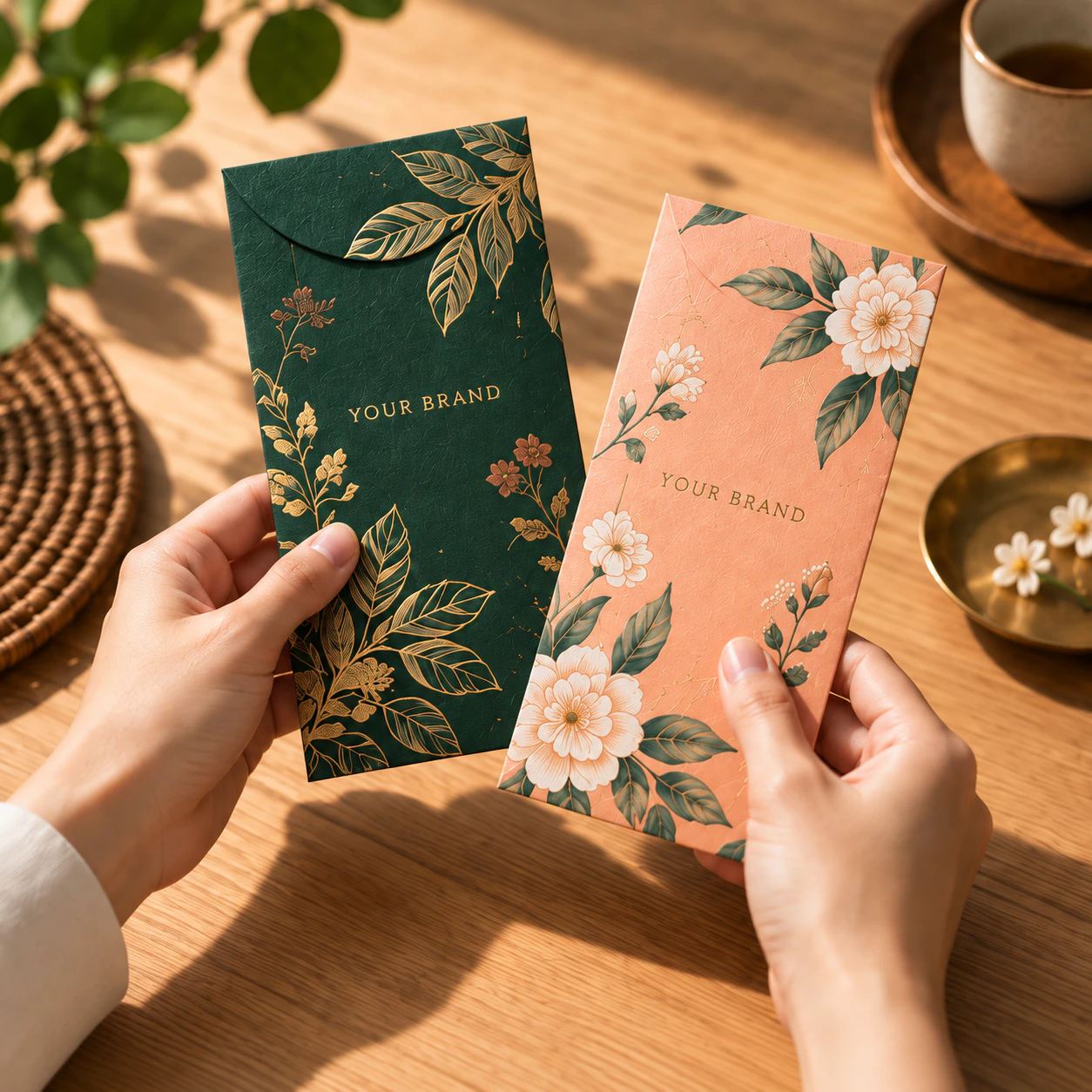 Hands holding green and peach botanical money packets over a wooden table