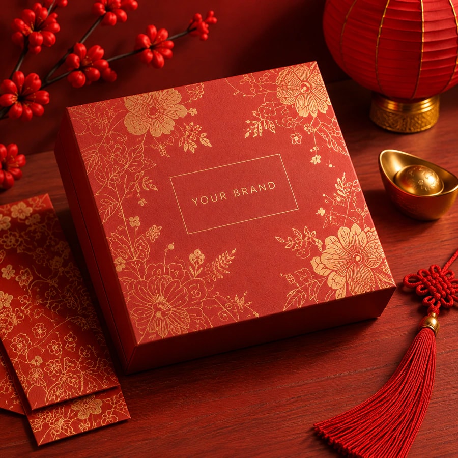 A red gift box printed with gold florals beside money packets and berries