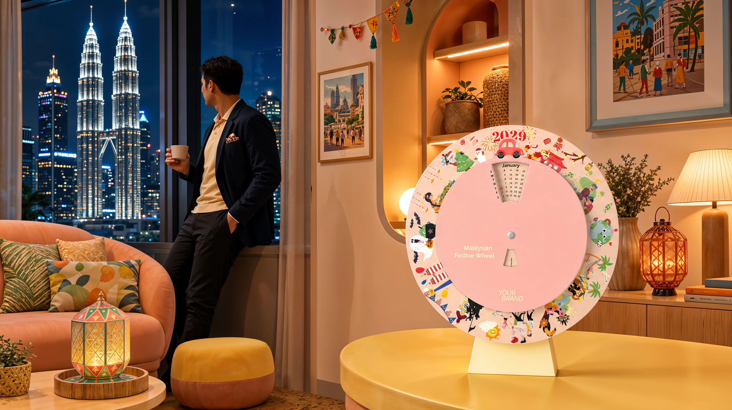 A screw-bound table calendar on a lounge table with the Kuala Lumpur skyline behind it