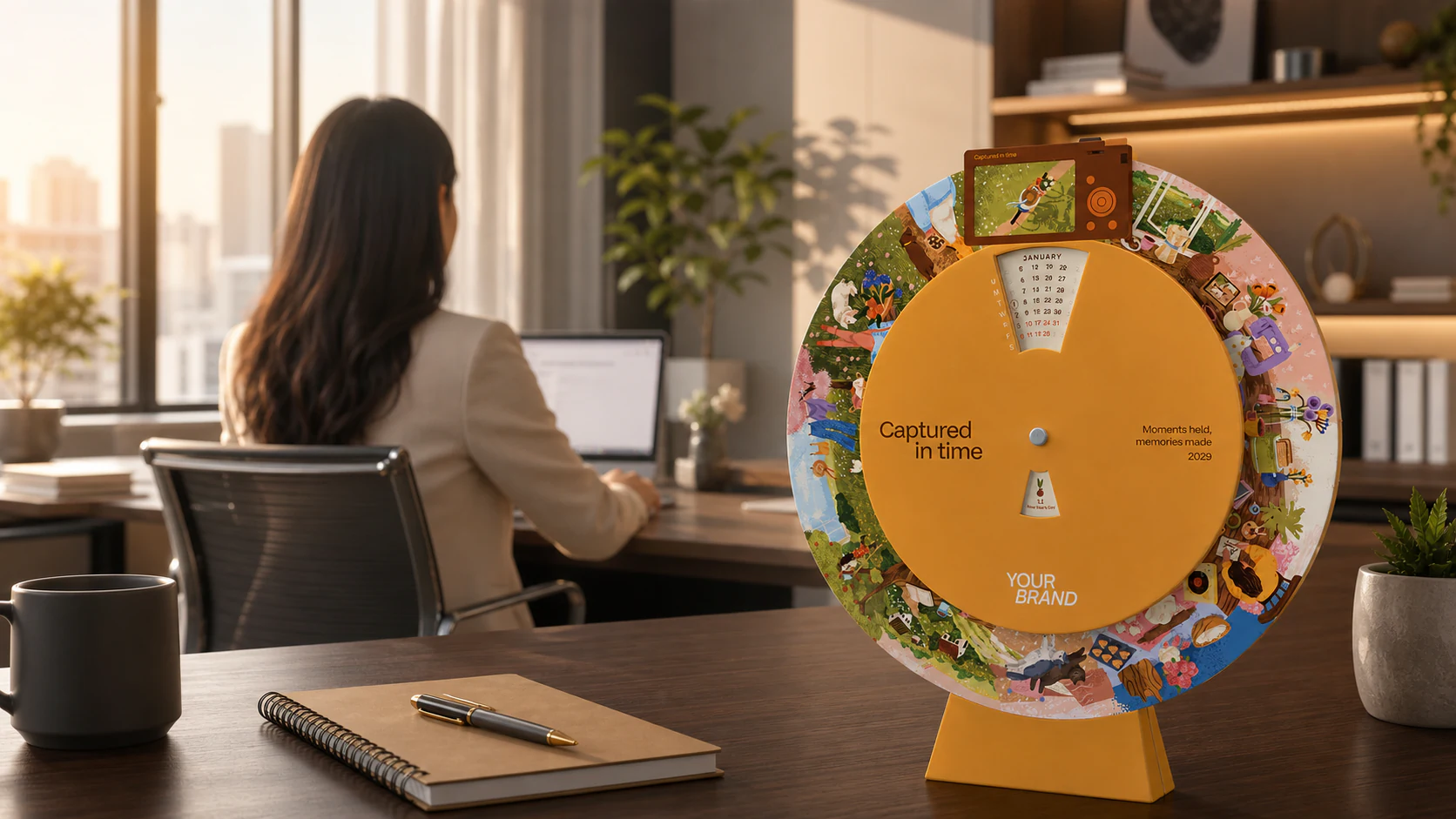 A screw-bound die-cut table calendar on a modern office desk beside a laptop