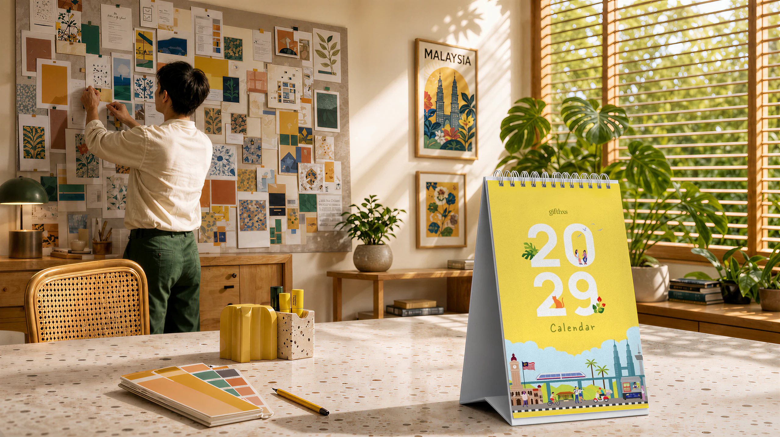An A5 landscape table calendar standing open on a studio desk, Wire-O bound on chipboard