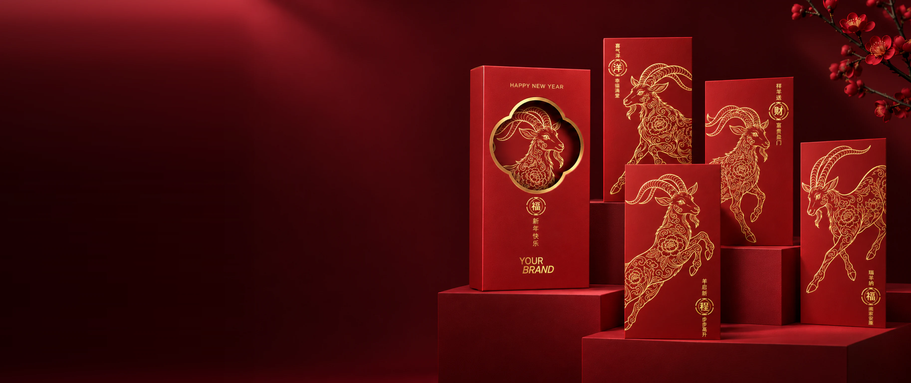 Red Chinese New Year money packets with gold goats on red plinths