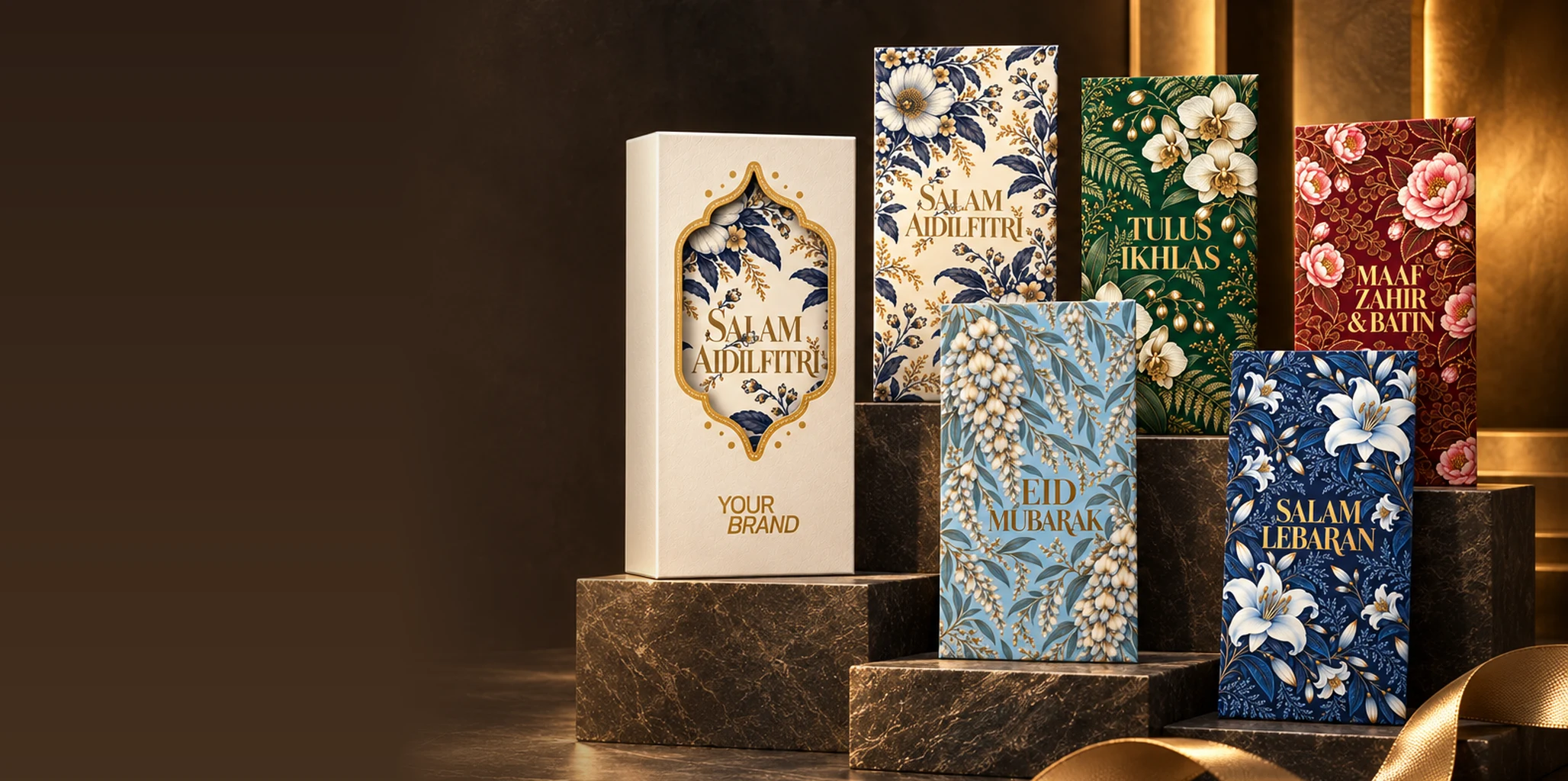Botanical Hari Raya money packets with gold foil greetings and a window gift box on dark stone steps